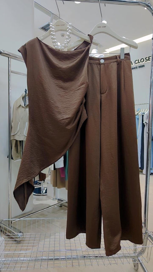 Ladies Safin Twist Asymmetrical Sleeves Blouse With Trousers Sets